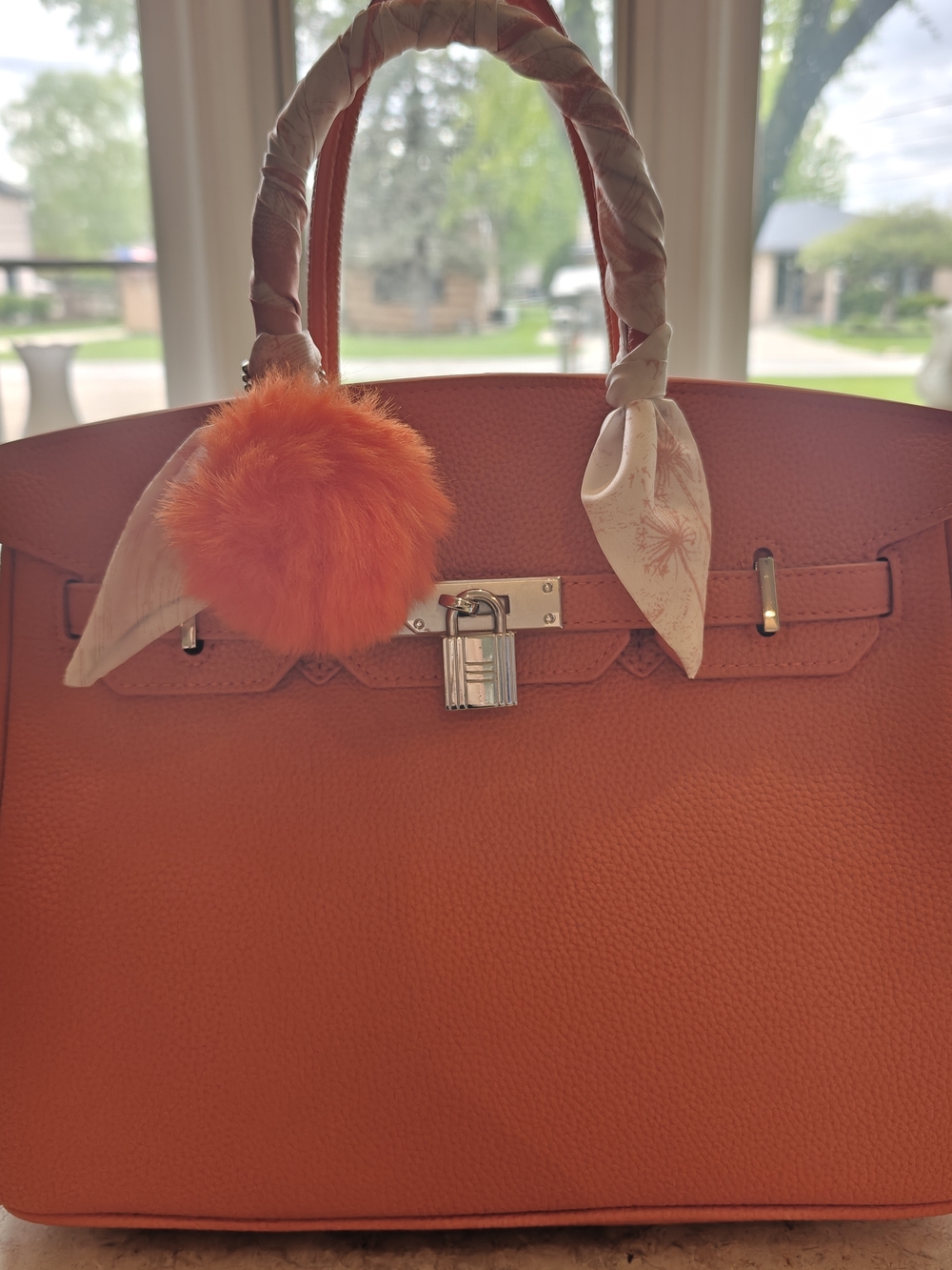 Elegant Orange Structured Top Handle Tote Bag with Silver Hardware